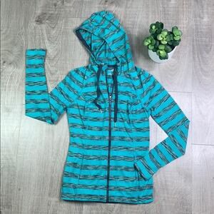 LUKKA Women's Teal Gray Striped Full Zip Activewear Hoodie
